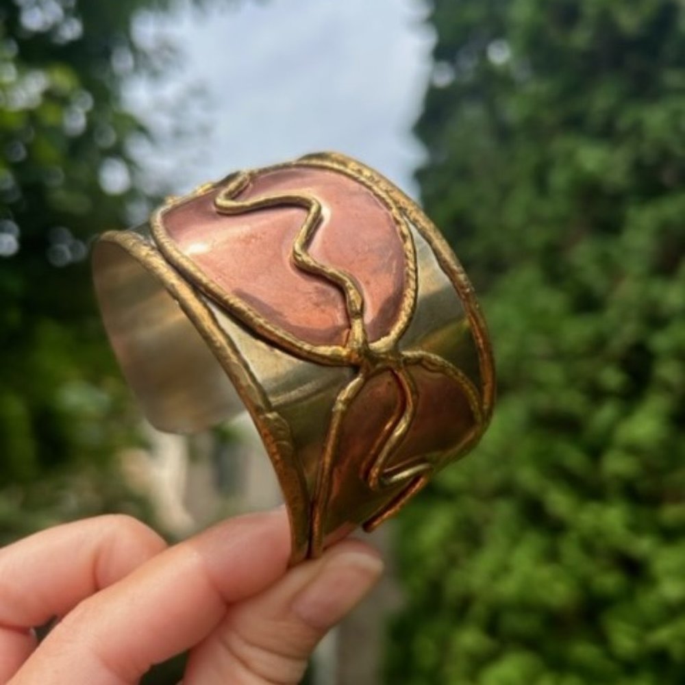 Vtg Mixed Metal Hand Crafted Wide Cuff Bracelet